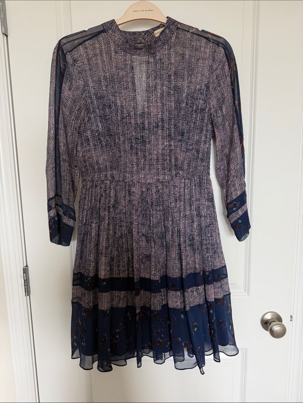 Rebecca Taylor Navy and Dusty Pink Printed Long-Sleeve Dress sheer sleeves